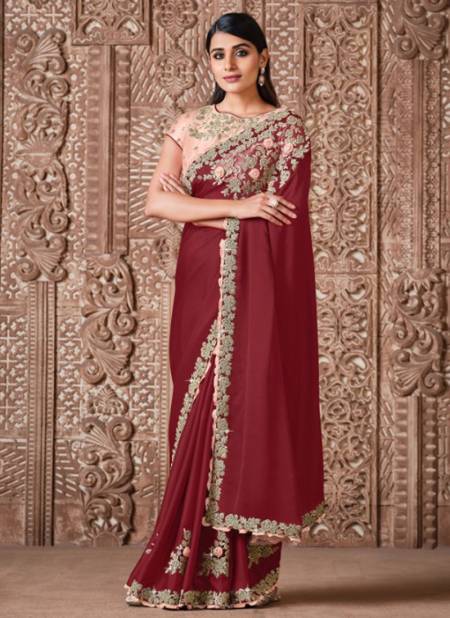 Dark Red Colour Reina Mahotsav New Designer Exclusive Heavy Party Wear Georgette Saree Collection 21716